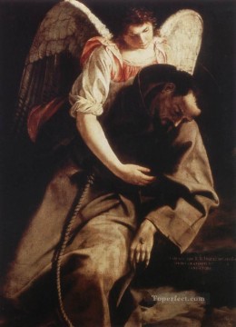 バロック Painting - 聖フランシスコと天使 バロック画家 オラツィオ・ジェンティレスキ